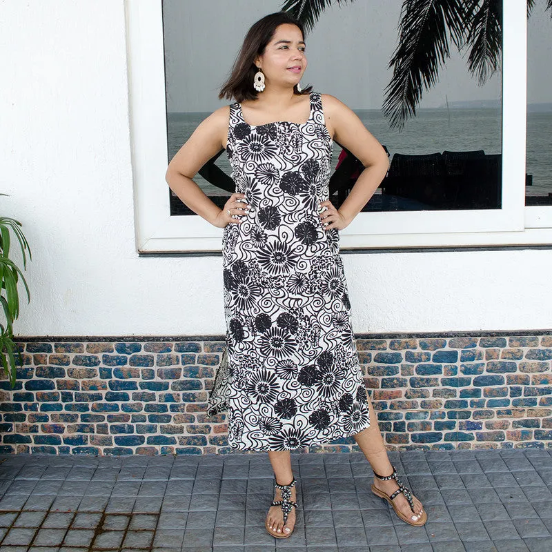 Cotton Schiffli Printed Midi Dress For Women  | Beige & Black