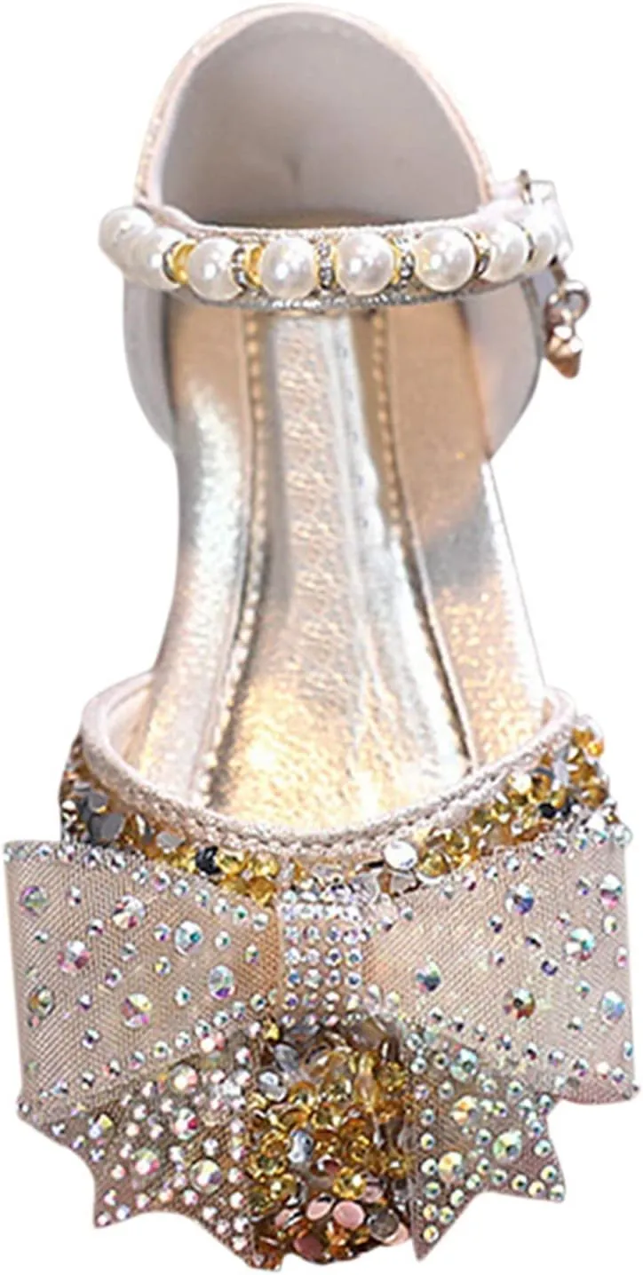 Girls Kids Bow Pearl Sequins Sandals Summer Princess Dress Ankle Shoes Toddler High Heels Crb Dance Casual Loafers