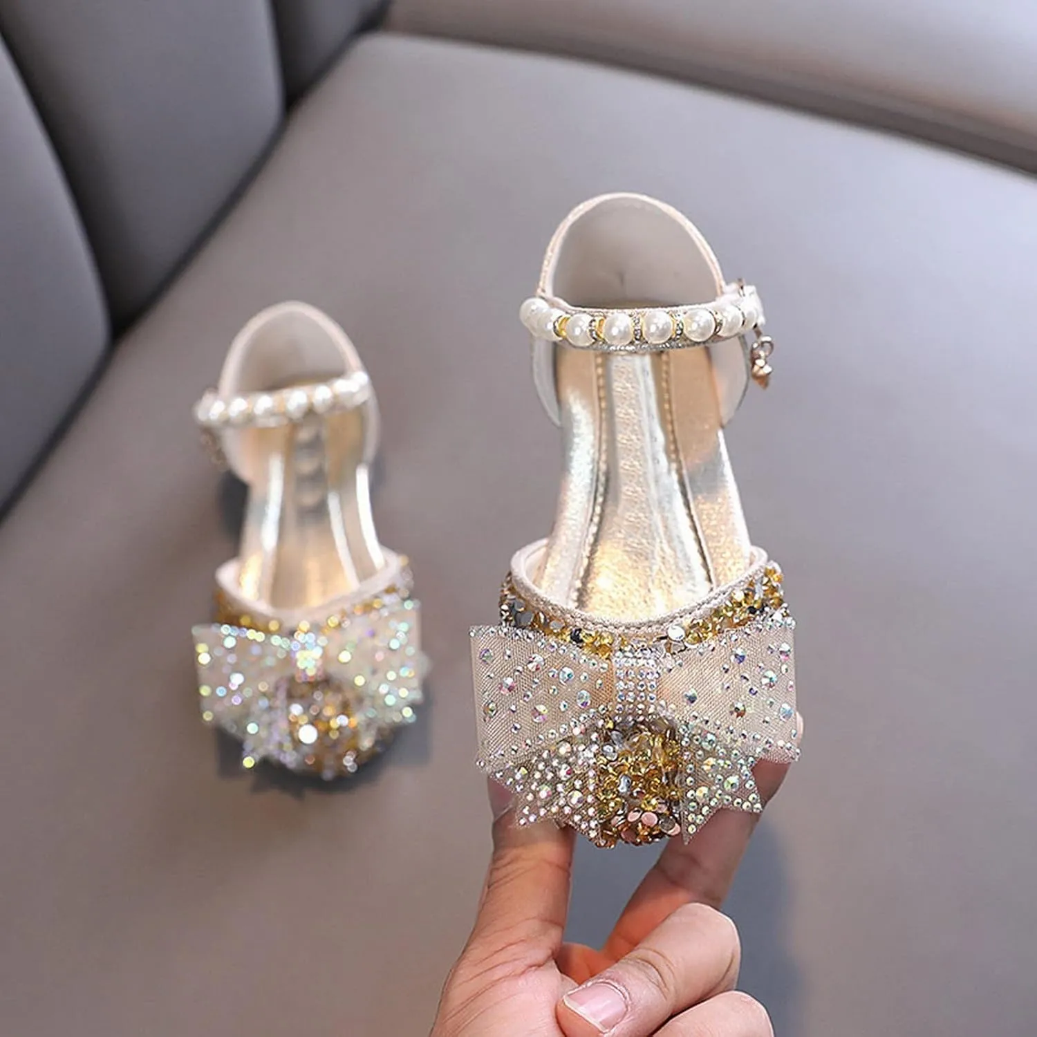 Girls Kids Bow Pearl Sequins Sandals Summer Princess Dress Ankle Shoes Toddler High Heels Crb Dance Casual Loafers