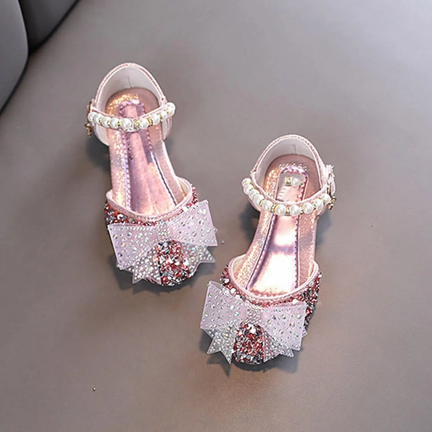 Girls Kids Bow Pearl Sequins Sandals Summer Princess Dress Ankle Shoes Toddler High Heels Crb Dance Casual Loafers