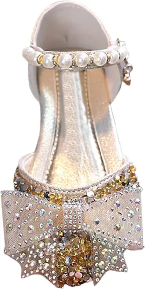 Girls Kids Bow Pearl Sequins Sandals Summer Princess Dress Ankle Shoes Toddler High Heels Crb Dance Casual Loafers