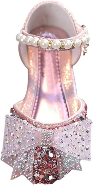 Girls Kids Bow Pearl Sequins Sandals Summer Princess Dress Ankle Shoes Toddler High Heels Crb Dance Casual Loafers
