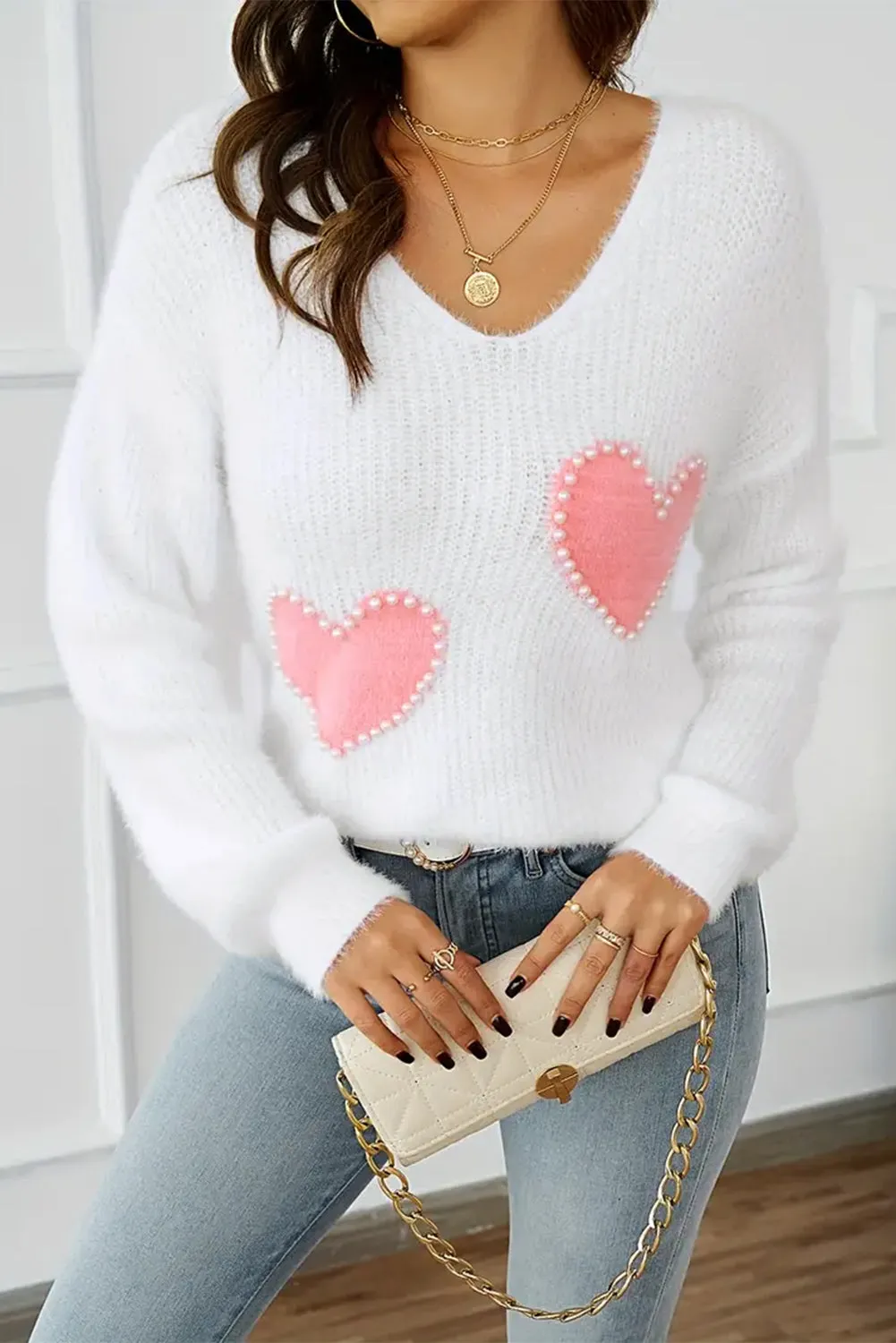 Heart Pearl Beaded V-Neck Sweater