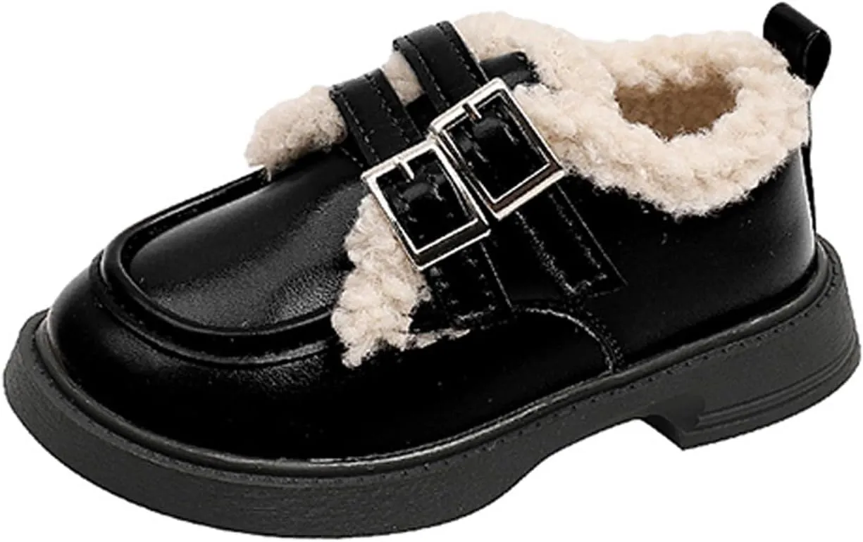 Little/Big Girls Fleece Plush PU Leather occasin Loafers Kids Soft Sole Slip-On Outdoor Casual Baby Girl Shoe