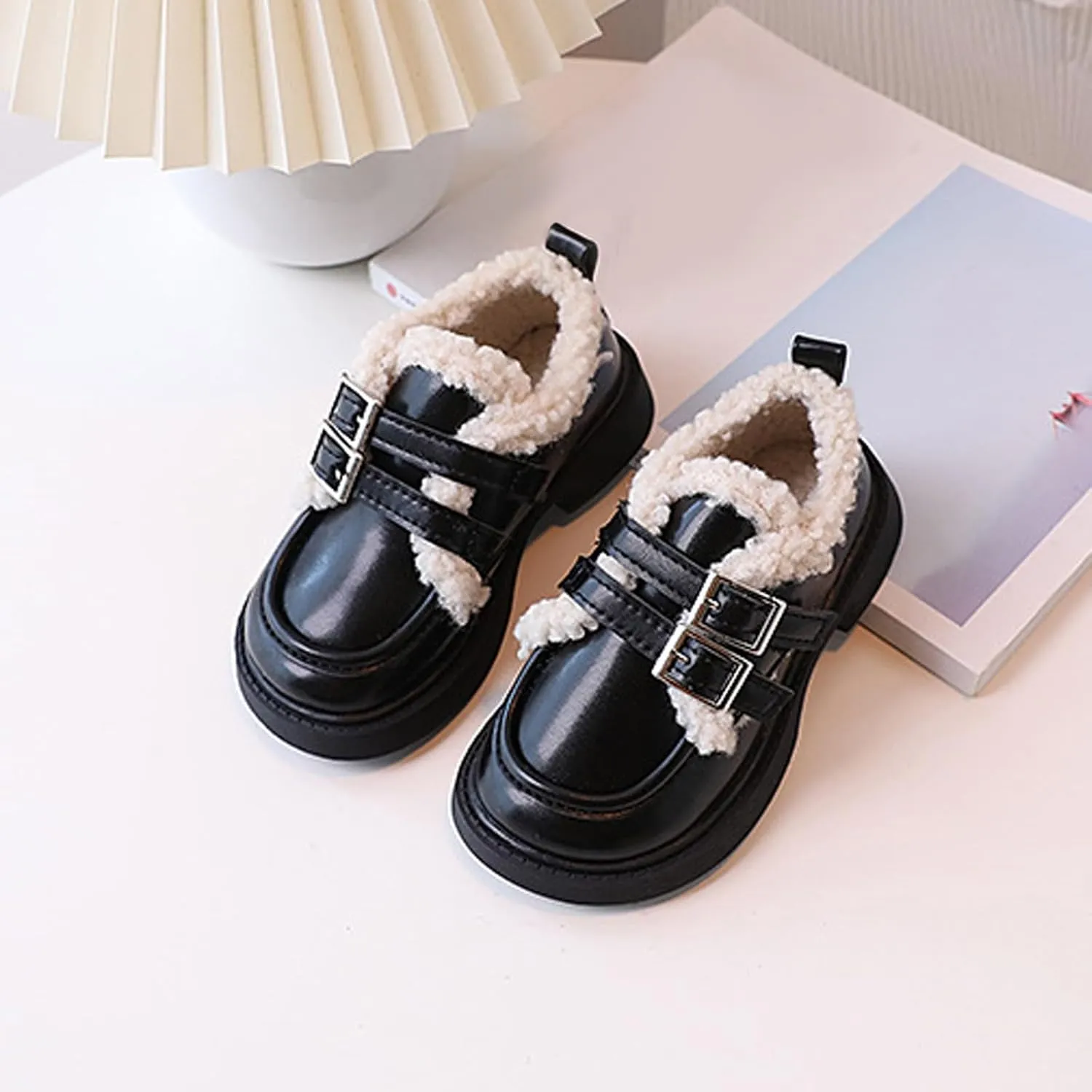 Little/Big Girls Fleece Plush PU Leather occasin Loafers Kids Soft Sole Slip-On Outdoor Casual Baby Girl Shoe