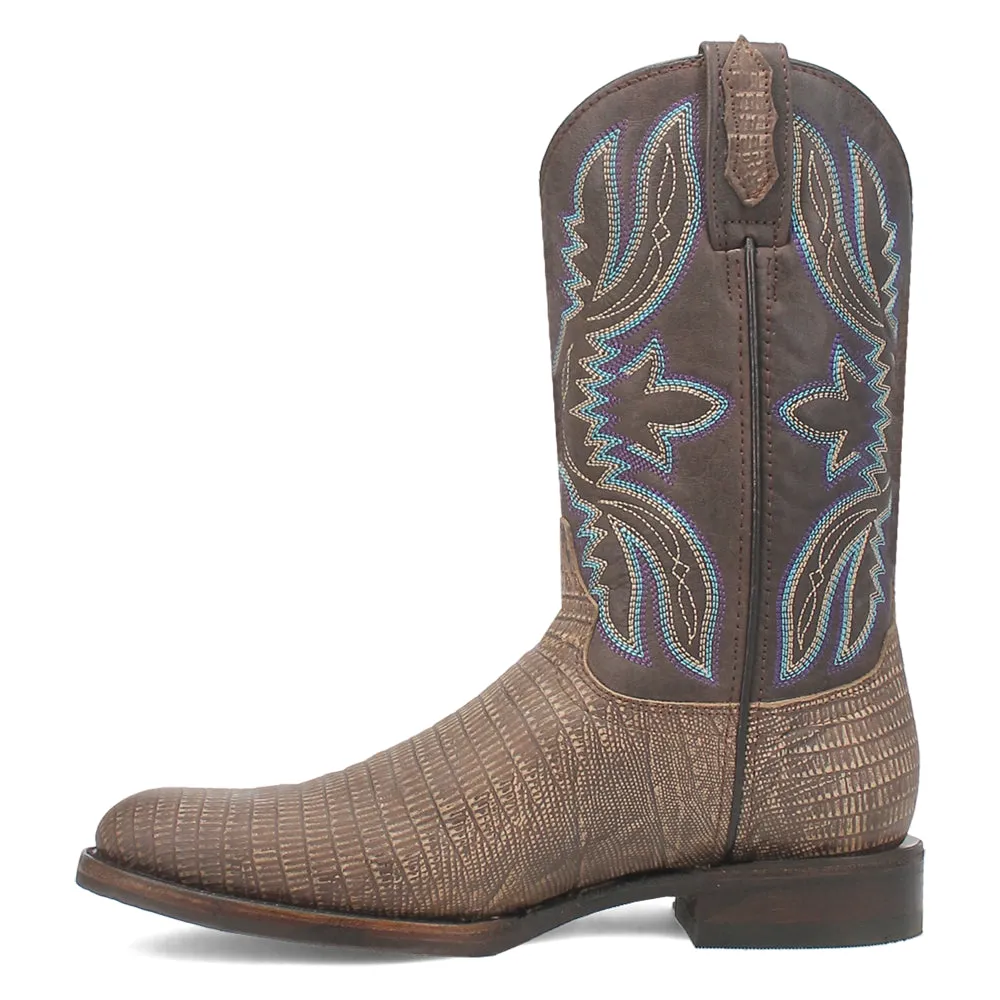 Saw Buck Embroidered Lizard Print Round Toe Cowboy Boots