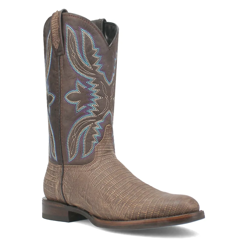 Saw Buck Embroidered Lizard Print Round Toe Cowboy Boots