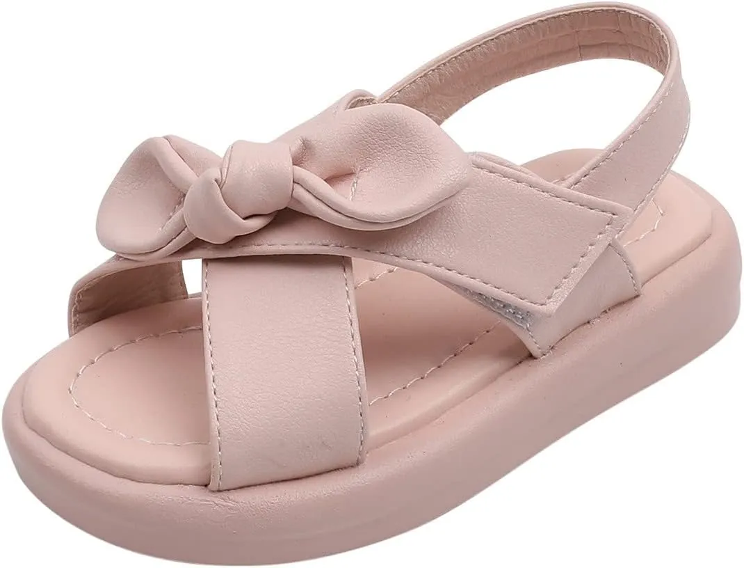 Toddler Sandals Shoes Baby Girls Cute Solid Color Slip On Shoes Bow Non-slip Soft Sole Beach Sandal Comfort Daily V-313 Pink 11.5
