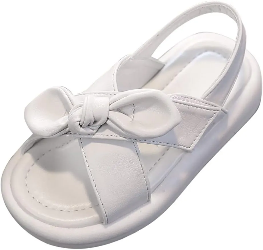 Toddler Sandals Shoes Baby Girls Cute Solid Color Slip On Shoes Bow Non-slip Soft Sole Beach Sandal Comfort Daily V-313 White 6.5