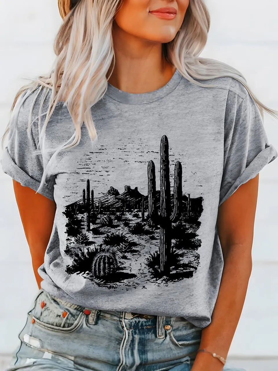 Women Vintage T Shirt Short Sleeve Summer Cactus Tshirt Funny Graphic Tees