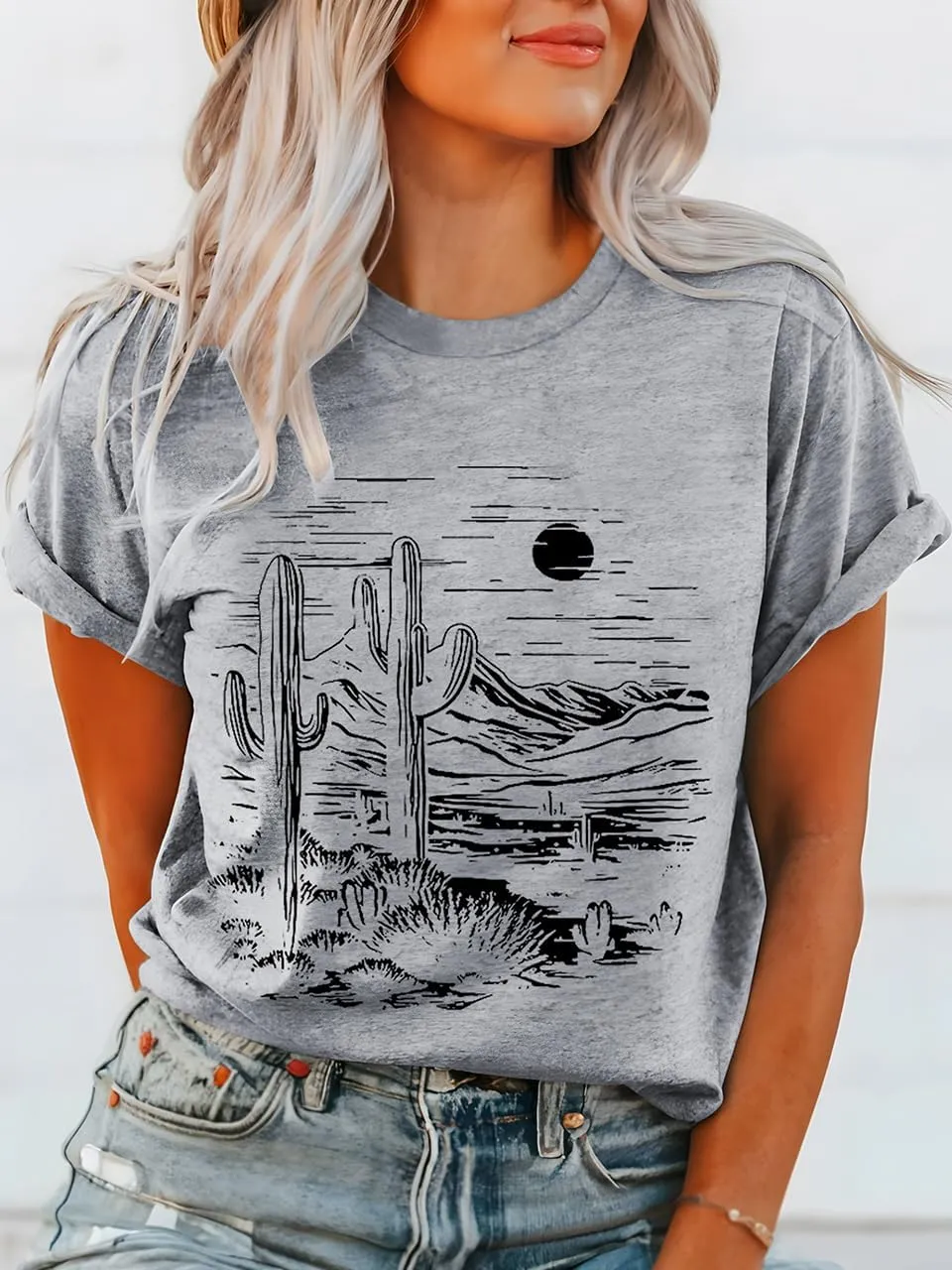Women Vintage T Shirt Short Sleeve Summer Cactus Tshirt Funny Graphic Tees