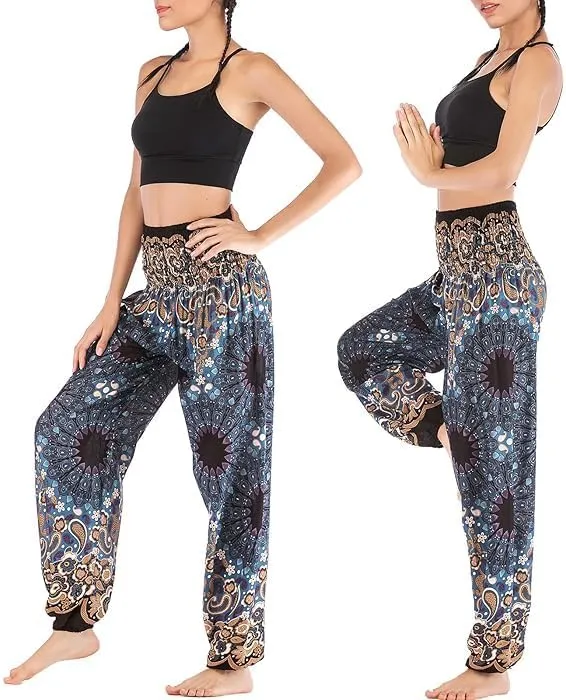 Women's Rayon Print Smocked Waist Boho Harem Pant (Black & Blue Flower)