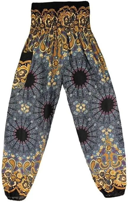 Women's Rayon Print Smocked Waist Boho Harem Pant (Black & Blue Flower)