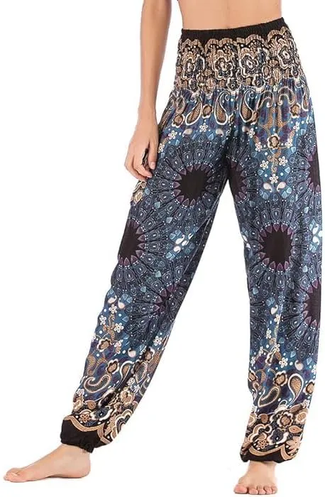 Women's Rayon Print Smocked Waist Boho Harem Pant (Black & Blue Flower)