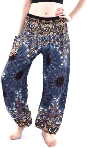 Women's Rayon Print Smocked Waist Boho Harem Pant (Black & Blue Flower)