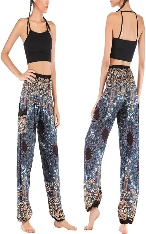 Women's Rayon Print Smocked Waist Boho Harem Pant (Black & Blue Flower)