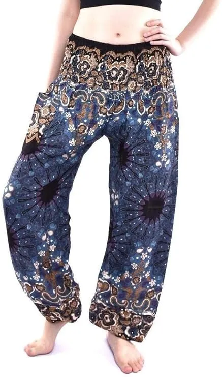 Women's Rayon Print Smocked Waist Boho Harem Pant (Black & Blue Flower)