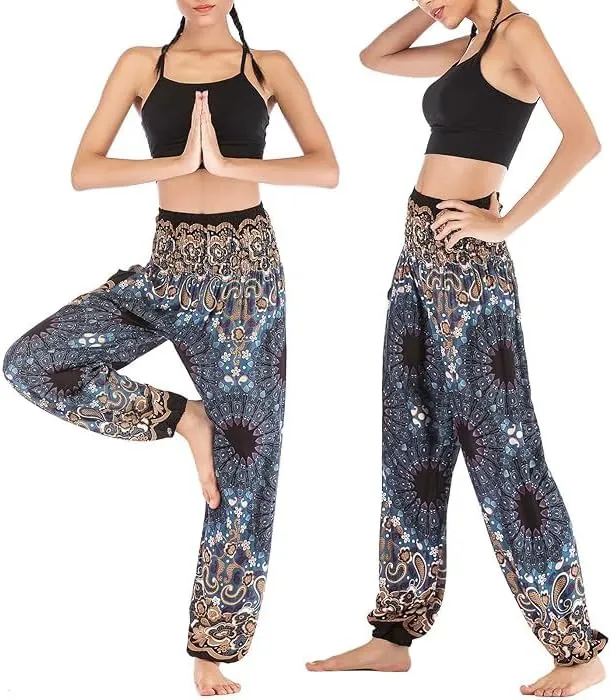 Women's Rayon Print Smocked Waist Boho Harem Pant (Black & Blue Flower)