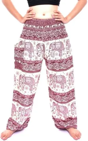 Women's Rayon Print Smocked Waist Boho Harem Pant (Red & Wite Elephant)