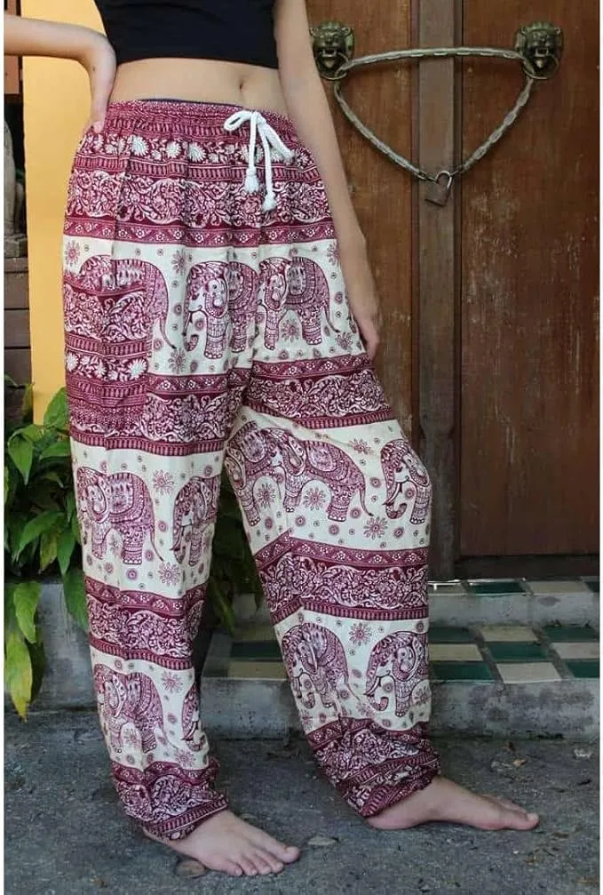 Women's Rayon Print Smocked Waist Boho Harem Pant (Red & Wite Elephant)